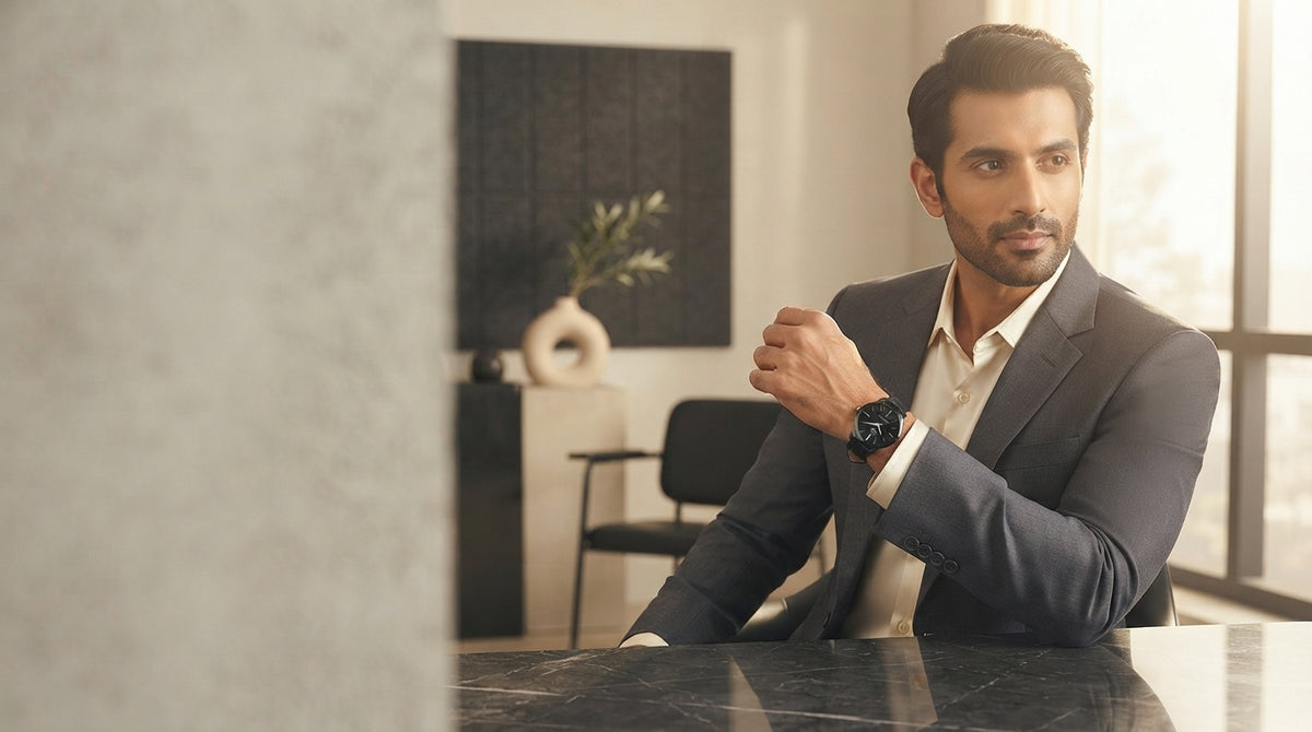 A South Asian man wearing a leather analog watch in a sunlit, minimalist studio with neutral charcoal and cream tones.
