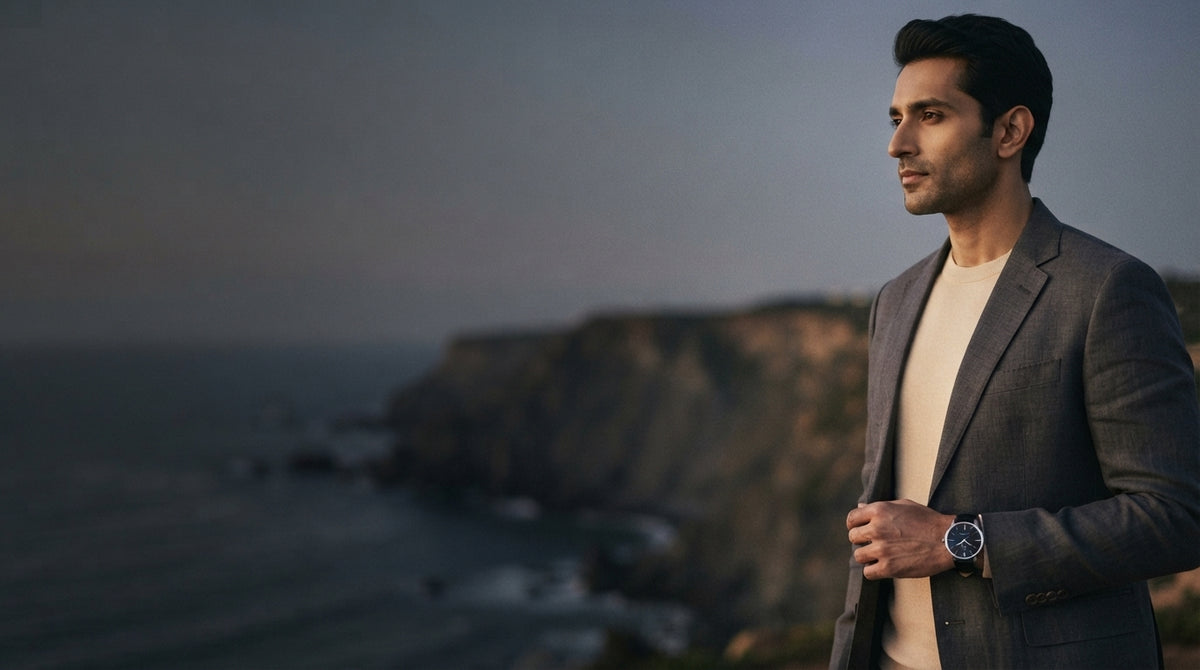 A South Asian man wearing a leather analog watch stands on a coastal cliff at dusk with a blurred background.