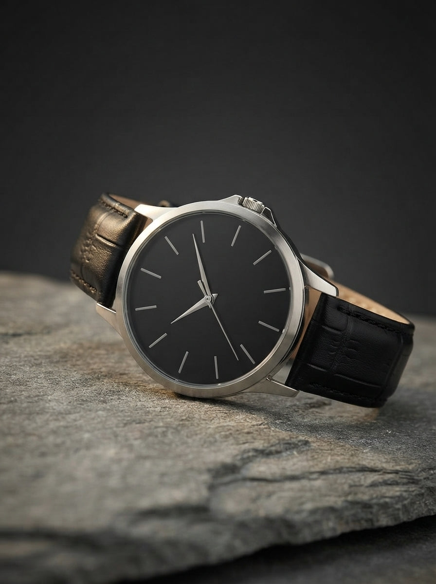A men's analog leather watch with a stainless steel case rests on a slate gray stone surface in soft lighting.